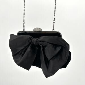 Neiman Marcus Black Velvet Rhinestone Oversized Bow Evening Clutch